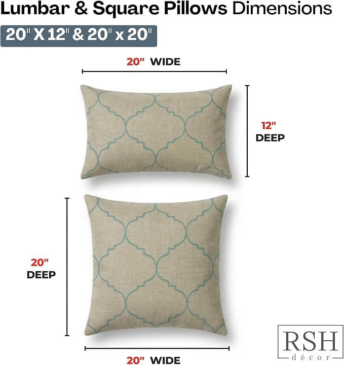 RSH DECOR: Sunbrella Lumbar & Square Pillows Set of 4 | 20" x 12" & 20" x 20" | Water and Fade-Resistant Fabric | Outdoor Throw Pillows for Patio Furniture | Made in USA (Trellis Geo II Mist)