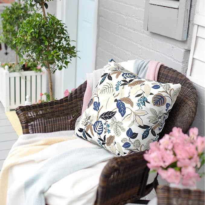 Outdoor Pillows for Patio Furniture 18x18 inch, Square Outdoor Throw Pillows with Inserts, Decorative Toss Pillows for Garden Couch Home Sofa Office Chair, Pack of 2, Breeze Leaves Beige