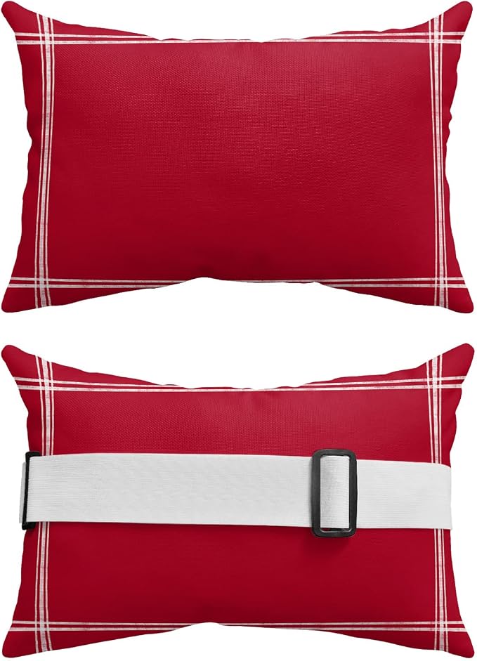 T&H XHome Outdoor Pillow for Chaise Lounge Chair, Solid Color Red Waterproof Headrest Pillow Lumbar Pillows with Insert & Adjustable Elastic Strap for Beach, Poolside, Patio, Office (2 Pack)
