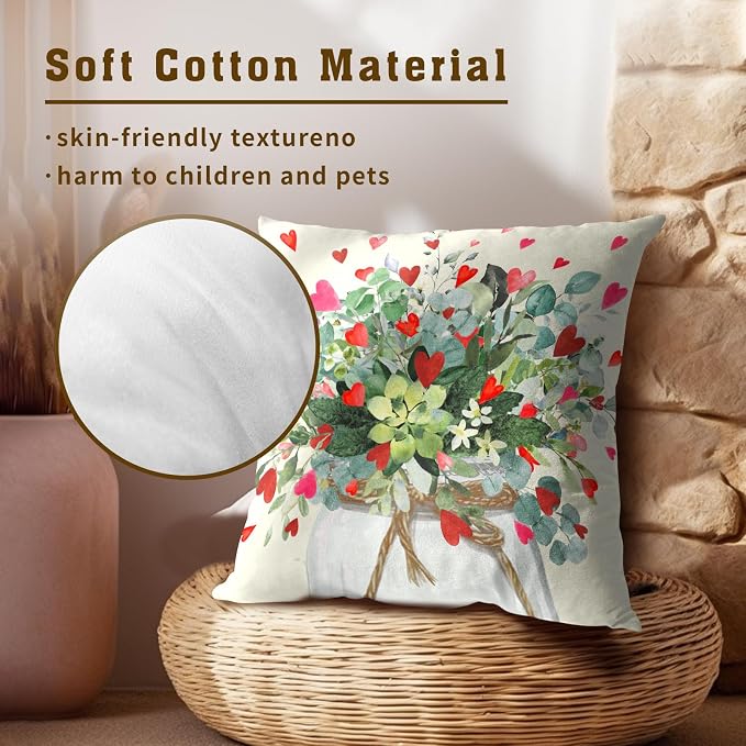 Eucalyptus Love Hearts Pillow Covers 18x18 Set of 2, Vintage Leaves Valentine's Day Decorative Pillow Cases Square Cushion Cover for Couch Bed Sofa Anniversary Wedding Home Decor
