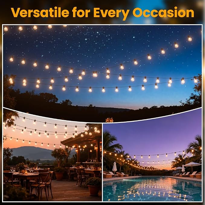 100FT Solar String Lights Outdoor Waterproof IP65 with USB-Charging , Solar Powered LED Patio Lights with 50+2 Shatterproof G40 Globe Bulbs, Hanging Lights for Outside Backyard Garden Bistro Gazebo