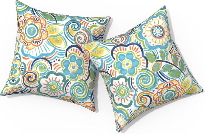 Outdoor Pillows for Patio Furniture 18x18 inch, Square Outdoor Throw Pillows with Inserts, Decorative Toss Pillows for Garden Couch Home Sofa Office Chair, Pack of 2, Flower Blue