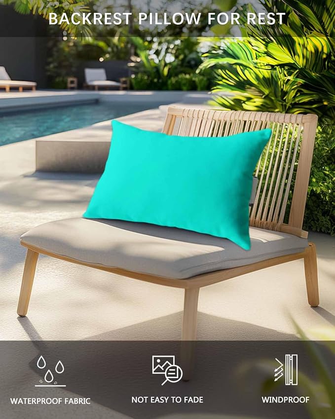 Outdoor Pillow for Lounge Chair with Strap & Insert Teal Green Pattern Recliner Head Pillow Pure Colour Waterproof Headrest Patio Lumbar Pillows for Beach Pool Office Chaise Chair 12x20 Inch