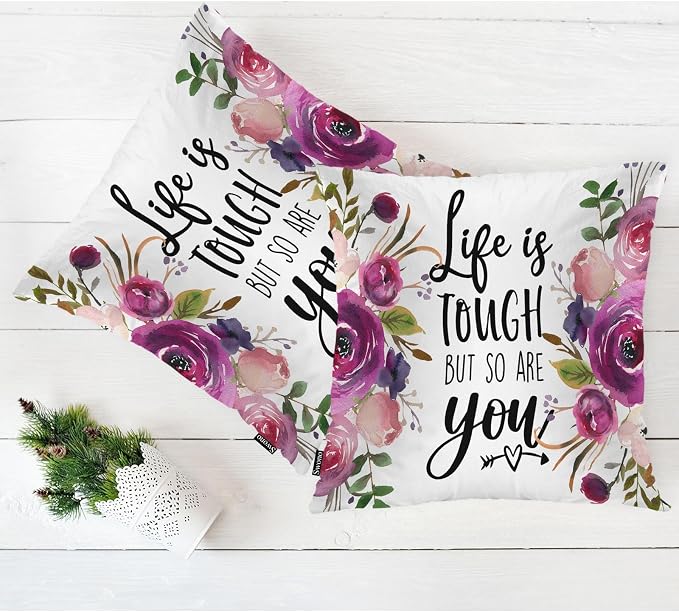 Swono Inspirational Quote Pack of 2 Decorative Throw Pillow Covers Cushion Covers, Life is Tough But So are You Couch Pillow Case Boho Cushion Pillowcase for Bedroom Sofa Living Room 18X18 Inch Rose