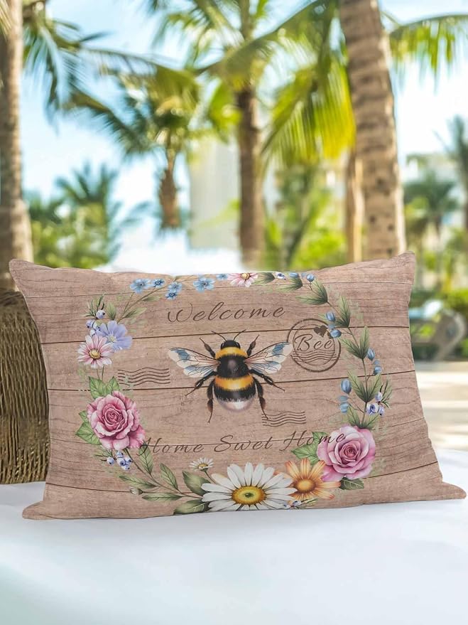 Outdoor Waterproof Throw Pillows Farmhouse Bee Flower Wreath Patio Pillows,Decorative Pillow Covers with Insert,Pillow Cushion Case for Garden Couch Sofa Farm Retro Wood Board