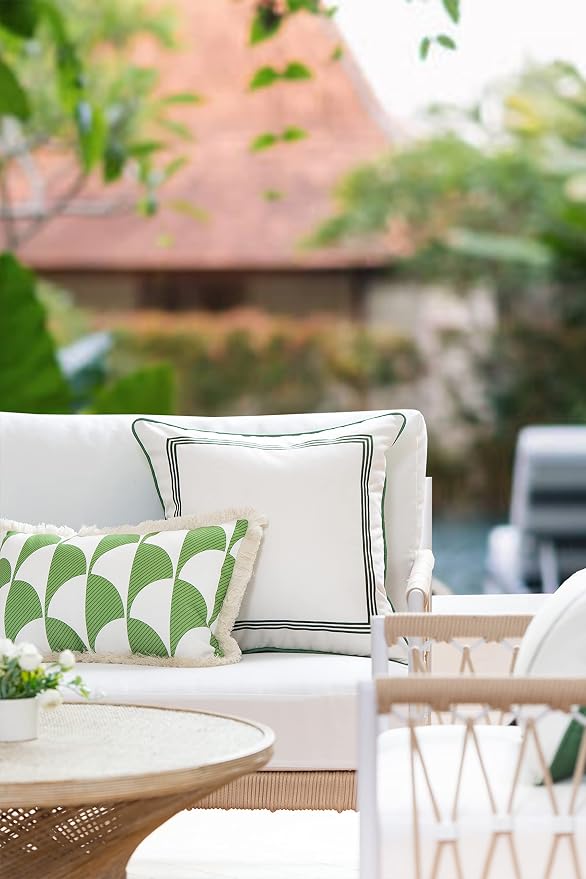Hofdeco Premium Coastal Patio Indoor Outdoor Pillow Cover Only, 20"x20" Water Resistant for Backyard, Couch, Green Embroidered Square Line