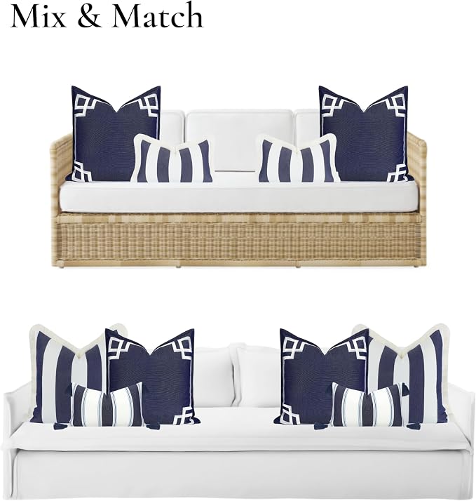 Hofdeco Premium Coastal Hampton Outdoor Performance Throw Pillow Cover Only, 20"x20" Water Repellent, UV and Fade Resistant for Backyard, Couch, Poolside, Indigo Blue Embroidered Frame Greek Key