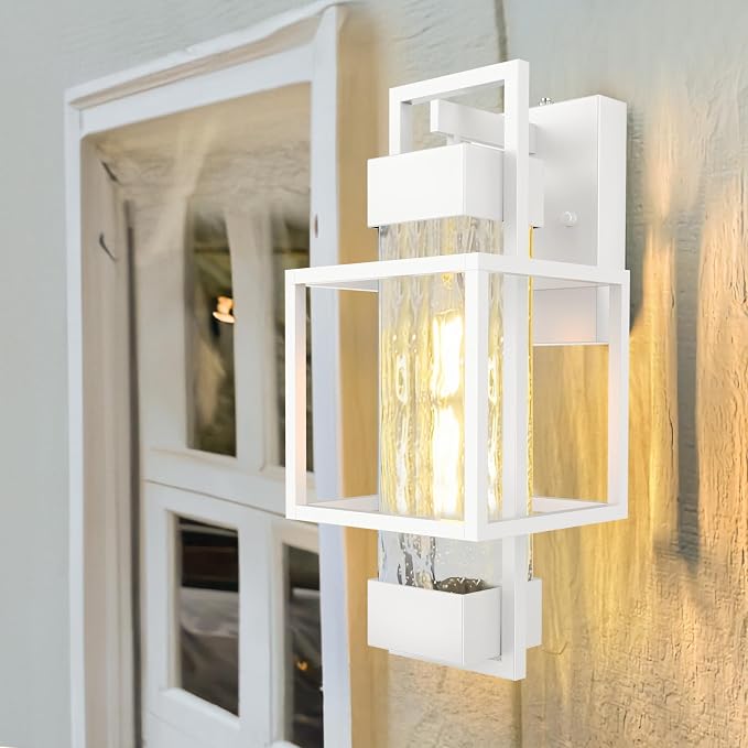 Modern Outdoor Light Fixture Dusk to Dawn Outdoor Lighting, 15" H Exterior Wall Sconce Waterproof Porch Light, Outside Light for House with Water Glass for Garage Doorway, White