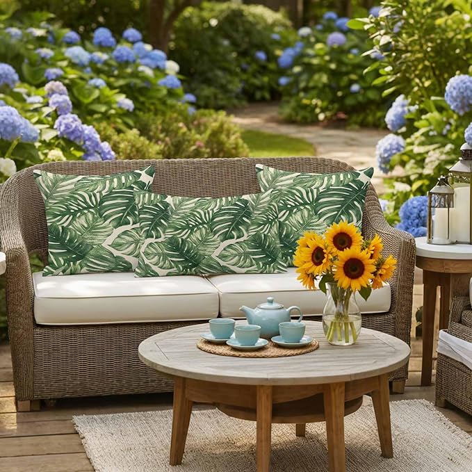 Green Tropical Leaves Waterproof Outdoor Pillow Covers Set of 2 Home Decor, Farmhouse Summer Leaf Plants Pillowcase Patio Pillow Covers for Couch Bench Furniture Garden 20x12in