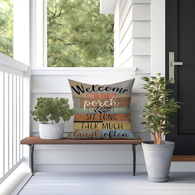 Decorative Outdoor Pillow Covers Porch Rules Sign Farmhouse Throw Pillow Covers, Square Linen Patio Cushion Cases for Couch Bench Seat Chair Car 18x18 Inch