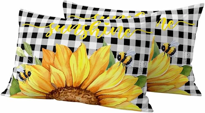 Farm Outdoor Pillow Covers Set of 2,Watercolor Sunflowers Honeybee Decorative Waterproof Throw Pillowcase Yellow Flower Black White Plaid Cotton Linen Soft Cozy Cushion Cover Pillowsham 20x12In
