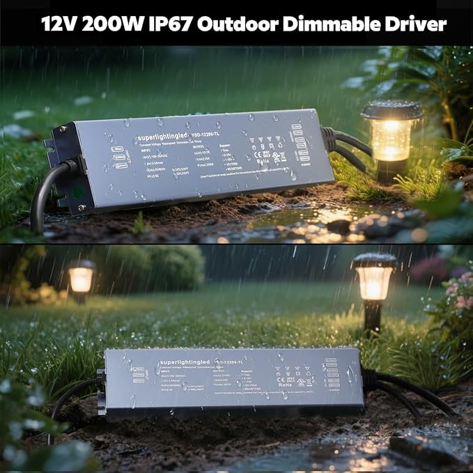 12VDC 200W 0/1-10V&TRIAC Dimmable UL-Listed Waterproof IP67 Thinner Power Supply 110V to 12V Low Voltage Transformer Adapter for IP68 LED Strip Lights, Outdoor Underwater, Wash Wall, Fountain Lights