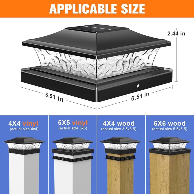 APONUO Solar Post Cap Lights with 8 RGB Solid Colors & Multicolor Flow - 4 Pack 6x6 Post Cap Solar Light, IP65 Waterproof - Fits 4x4 5x5 6x6 Wood & Vinyl Posts - Black