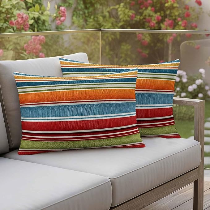 Yukro Color Striped Outdoor Waterproof Pillow Covers Pack of 2, Orange Blue Red Green Stripes Abstract Modern Throw Pillowcases Decorative Cushion Covers for Garden Patio Tent Sofa Couch, 20x12 inch