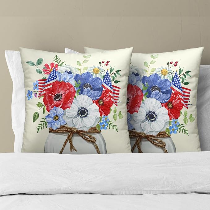 4th of July Flowers Pillow Covers 20x20 Inch, 2Pcs Blue Red Poppies with American Flag Pillow Case Independence Memorial Day Decorative Cushion Cover for Sofa Bed Couch