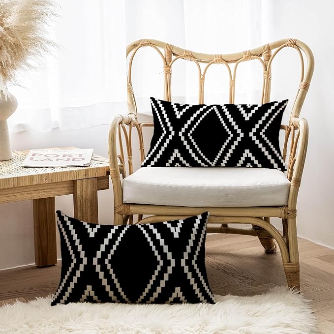 Outdoor Pillow Waterproof Set of 2, Black and White Throw Pillows for Patio Furniture, Outdoor Pillow Covers for Couch, White More (Black&white-01, 12x20 Inch)