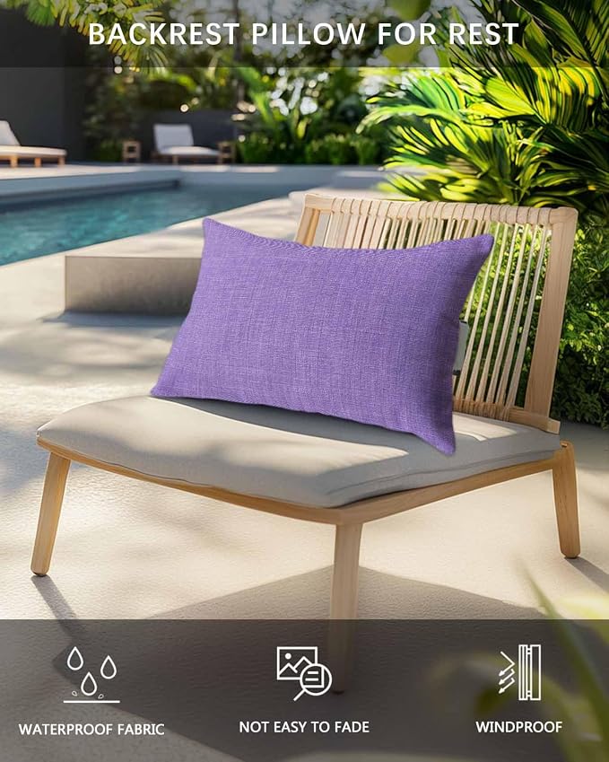 Pack of 4 Outdoor Lumbar Pillow Covers 12x20 Inch, Lavender Burlap Texture Waterproof Throw Pillow Covers Set, Farmhouse Vintage Lavender Indoor&Outdoor Decorative Cushion Cases for Patio Porch Beach