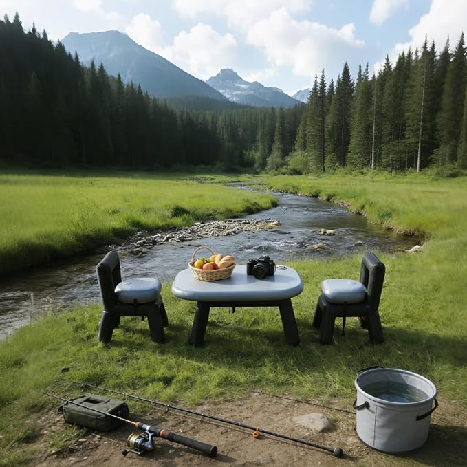 PlayDo Air Chair and Table Portable Blow Up Picnic Table Inflatable Camp Seats with Back Durable Camping Outdoor Furniture Lightweight Waterproof Stool with Back Support (Table)