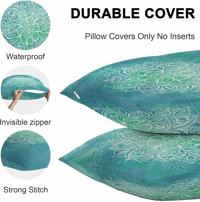 Vandarllin Outdoor Throw Pillows Covers 24x24 inch Set of 2 Waterproof Turquoise Boho Floral Decorative Zippered Cushion Covers for Patio Furniture, Bohemian Flower Lumbar Pillowcases