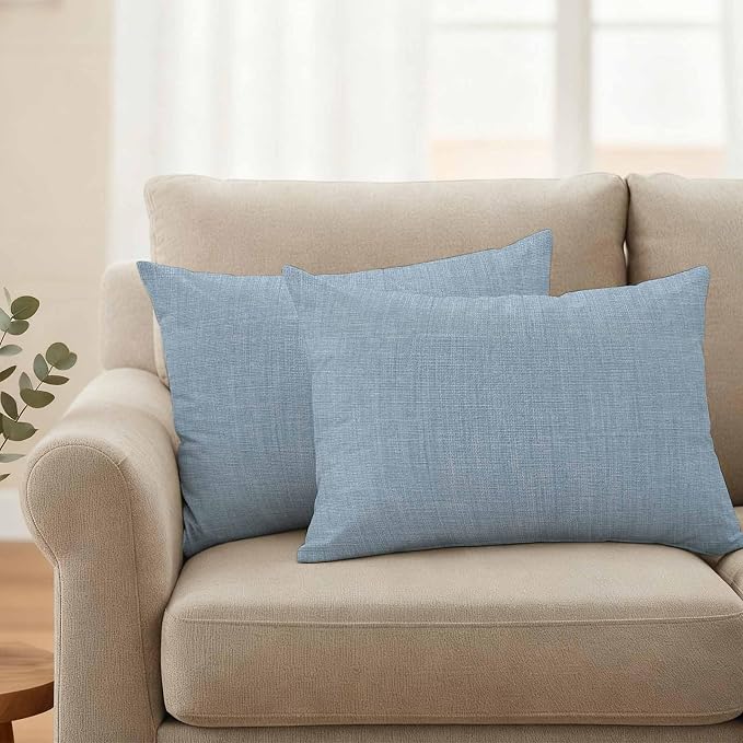 Outdoor Waterproof Throw Pillow Covers Set of 2 Sky Blue Linen Lumbar Pillowcases 20x12 Inches Farmhouse Pure Color Decorative Pillows Cushion Case Patio Pillows for Couch Bed Chair Garden