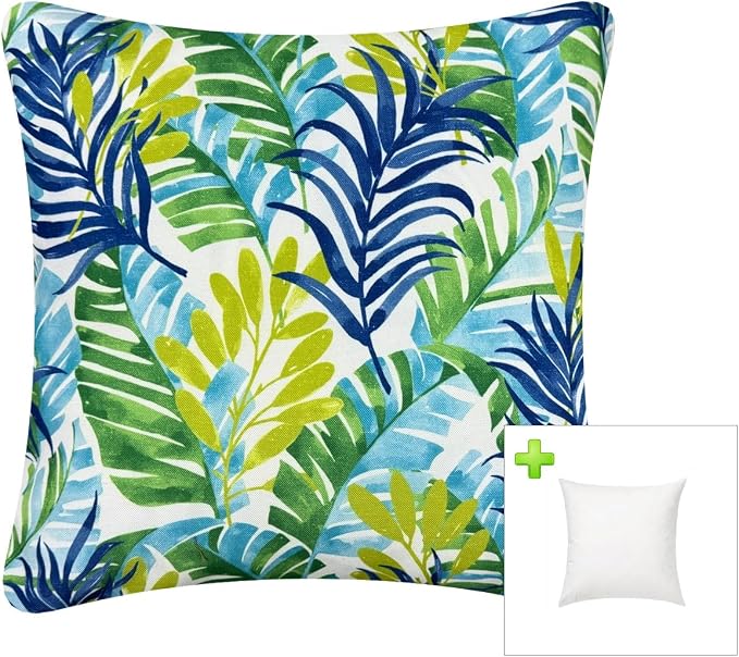 Outdoor Waterproof Decorative Throw Pillows with Inserts for Patio Furniture, 18x18 Inch Fade Resistant Patio Garden Cushions for Couch Bed Sofa, Leaves Blue and Green