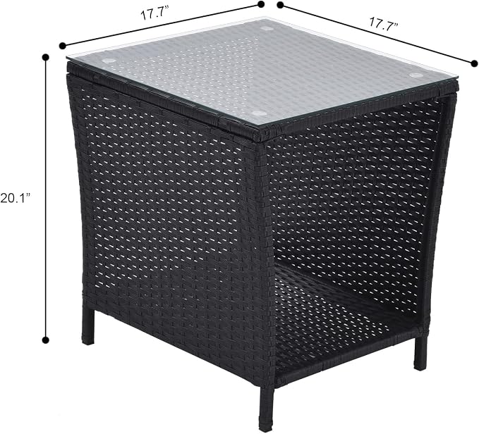 Patio Wicker Storage Side Table,Outdoor PE Rattan Woven Coffee End Table with Tempered Glass Top for Indoor Outdoor Porch Lawn Poolside Garden Backyard Balcony(Black)