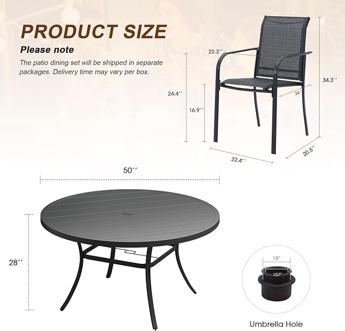 7 Pieces Patio Dining Set, 50" Round Dining Table with Umbrella Hole, 6 Stackable Textilene Fabric Chairs, Metal Structure for Patio, Porch, Garden(Black Table, Grey Chair)
