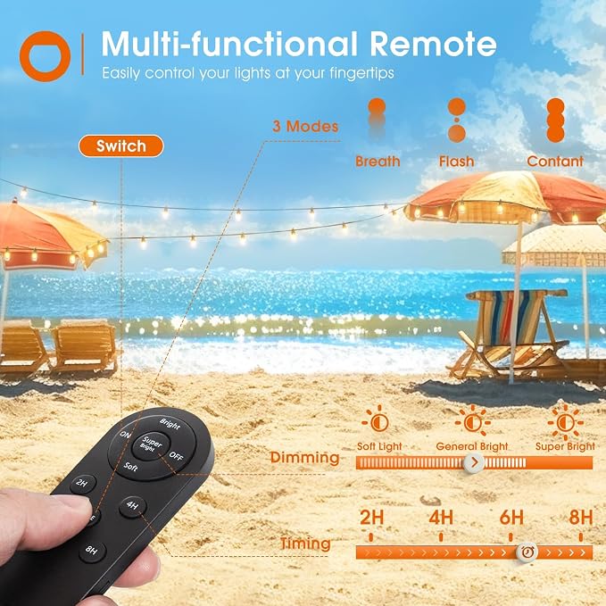 addlon 102FT(96+6) Solar String Lights Outdoor, Last 20+ Hrs, USB Charging | IP65 Waterproof. Dimmable Timer via Remote. Memory, 3 Modes, 2700K Warm White. Easy Install for Patio, Backyard, Porch.