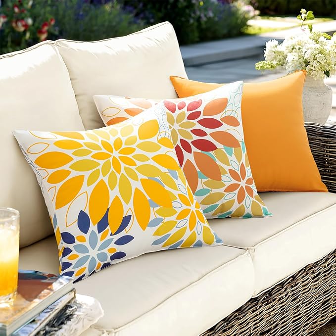Floral Outdoor Pillow Covers Yellow Blue 18x18 Set of 2 | Waterproof Throw Pillow Cases Spring Decorative Summer Cushion Covers for Patio Furniture Garden Bench Porch Sofa