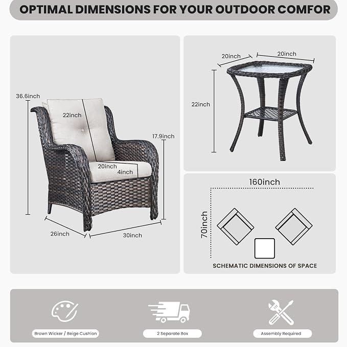 Belord Outdoor Furniture Set Patio Wicker Chairs, 3 Peices Porch Rattan Furniture with Side Table, Deep Seating Patio Bistro Chair Sets (Beige Cushion)