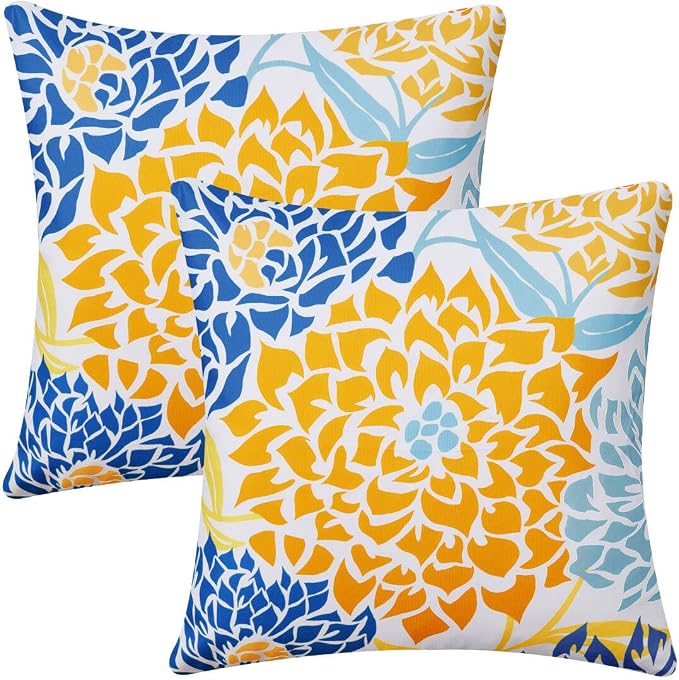 Allorry Outdoor Pillow Covers 18x18 Set of 2 Yellow Blue Flower Pattern Decoration Throw Pillow Covers for Spring Summer Outdoor Waterproof Furniture Garden Patio Sofa Bedroom Home Decor JB011-A18