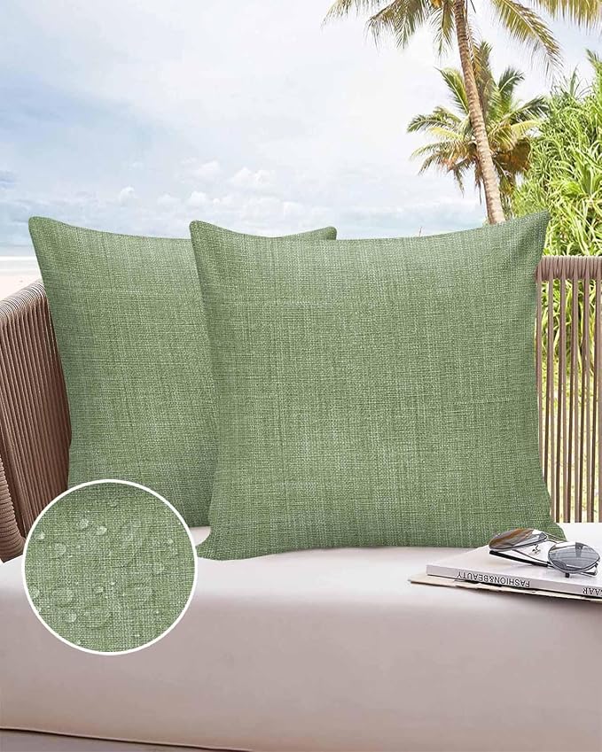 Vandarllin Outdoor Throw Pillows Covers 20x20 inch Set of 2 Waterproof Sage Green Linen Decorative Zippered Cushion Covers for Patio Furniture, Farmhouse Pure Color Lumbar Pillowcases
