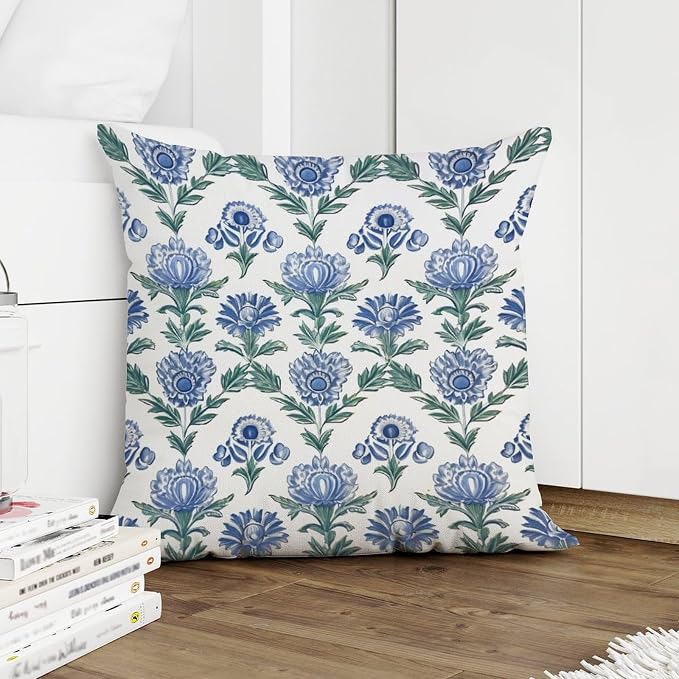 Mughal Flower Pillowcase Blue Lotus Floral Throw Pillow Cover Classic Throw Pillow Covers Farmhouse Decorative for Patio Furniture Tent Garden 18x18 in