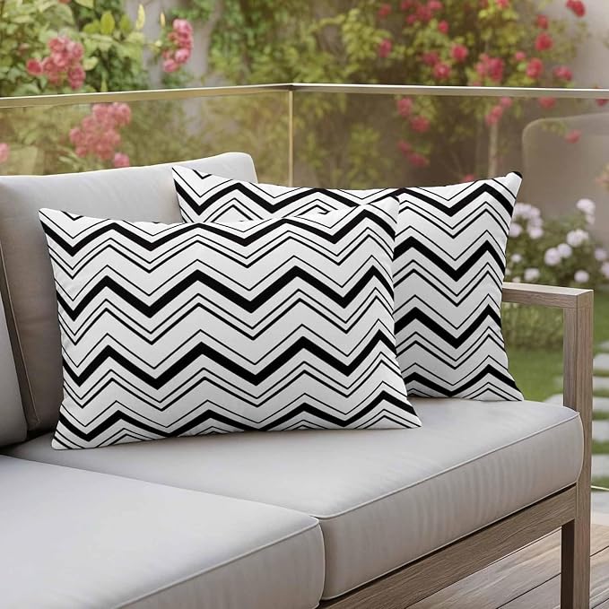 Abstract Geometric Outdoor Pillow Covers Set of 2 Ripple Stripe Chevron Black and White Waterproof Throw Pillow Cover Decorative Cushion Cases for Patio Porch Garden 20X12 Inch