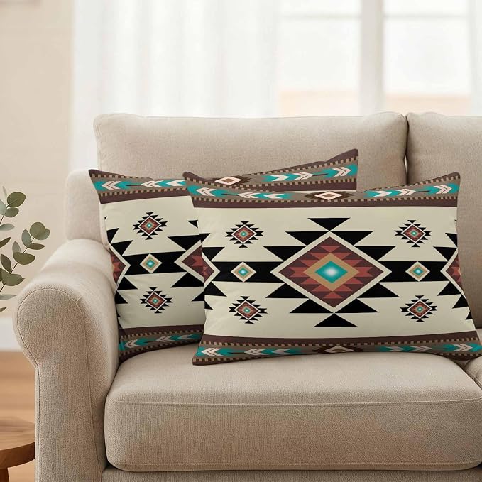 Southwest Geometric Waterproof Outdoor Pillow Covers 20''x12'' Set of 2, Brown Mexican Aztec Boho Tribal Patio Furniture Cushion Covers for Chairs, Decorative Pillow Cases for Garden/Pool/Beach