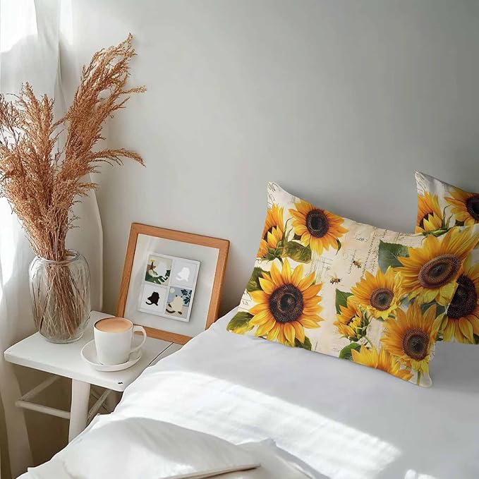 Lumbar Pillow Covers 20x12 Inch Set of 2, Yellow Sunflowers Waterproof Outdoor Cushion Covers, Country Vintage Botanical Floral Decorative Pillowcases for Couch, Sofa, Bed, Garden, Patio
