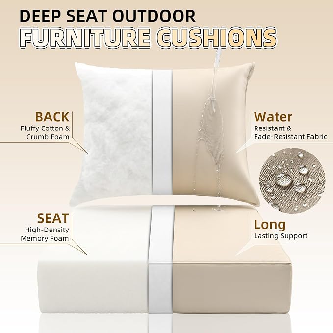 Srora 2Pcs Outdoor Deep Seat Patio Cushions, 5-Inch Thick Outdoor Chair Cushions, Waterproof 300GSM Colorwoven Fabric, 1200H+ Fade Resistant, Hidden Zipper Covers, 2 Ties, Outdoor Cushions