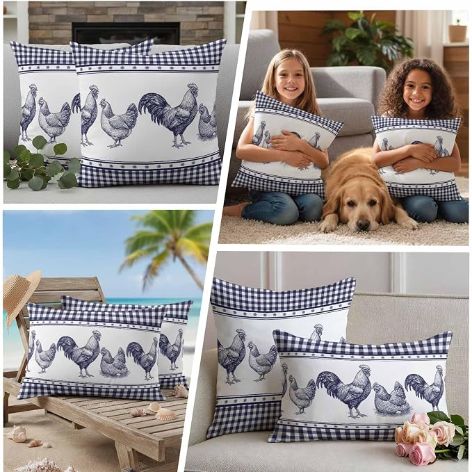Navy Blue Rooster Outdoor Pillow Covers Waterproof, All Weather Cushion Case Set of 2, Vintage Farmhouse Blue Plaid Lumbar Pillowcase for Sofa Couch Bed Decor Patio Furniture 20"x12"