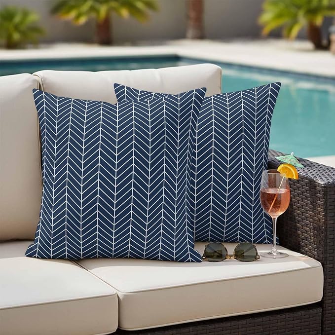 Outdoor Waterproof Throw Pillow Covers Set of 2 Navy Blue Chevron Stripes Pillowcases 18x18 Inches Modern Geometric Texture Decorative Pillows Cushion Case Patio Pillows for Couch Bed Chair Garden