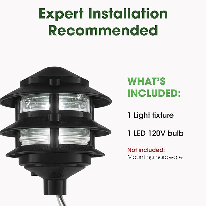 Greenfield Made in the USA Weatherproof Line-Voltage (120V) LED Outdoor Pathway Light – 3-Tier Permanent Outside Light for Walkway, Driveway & Landscaping – Professional Grade – Black