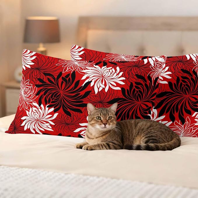 Yukro Red Black Floral Outdoor Waterproof Pillow Covers Pack of 2, Vintage White Black Flower Red Decorative Throw Pillowcases Cushion Covers for Garden Patio Tent Sofa Couch, 20x12 inch