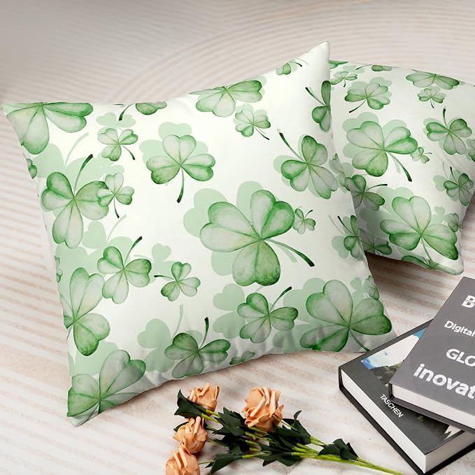 St Patricks Pillow Covers 16x16 Green Shamrock Flower Pillows Cases New Year Pillow Covers St Pattys Decorations Cotton Blend for Indoors Couch Bed Living Room in 2 Pcs