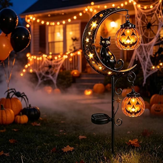 Solar Halloween Black Cat Garden Stake Light – Metal Crescent Moon & Pumpkin Lantern Yard Decor, Auto On/Off Waterproof LED Landscape Lighting for Patio Lawn Pathway (A)
