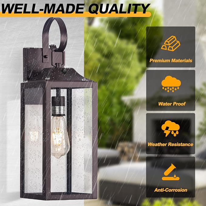 19" Large Dusk to Dawn Outdoor Lighting Bronze 2 Pack | Anti Rust Outdoor Wall Sconce Lantern Lamp, Waterproof Sensor Exterior Light Fixtures, Porch Light for Doorway, Garage, Patio