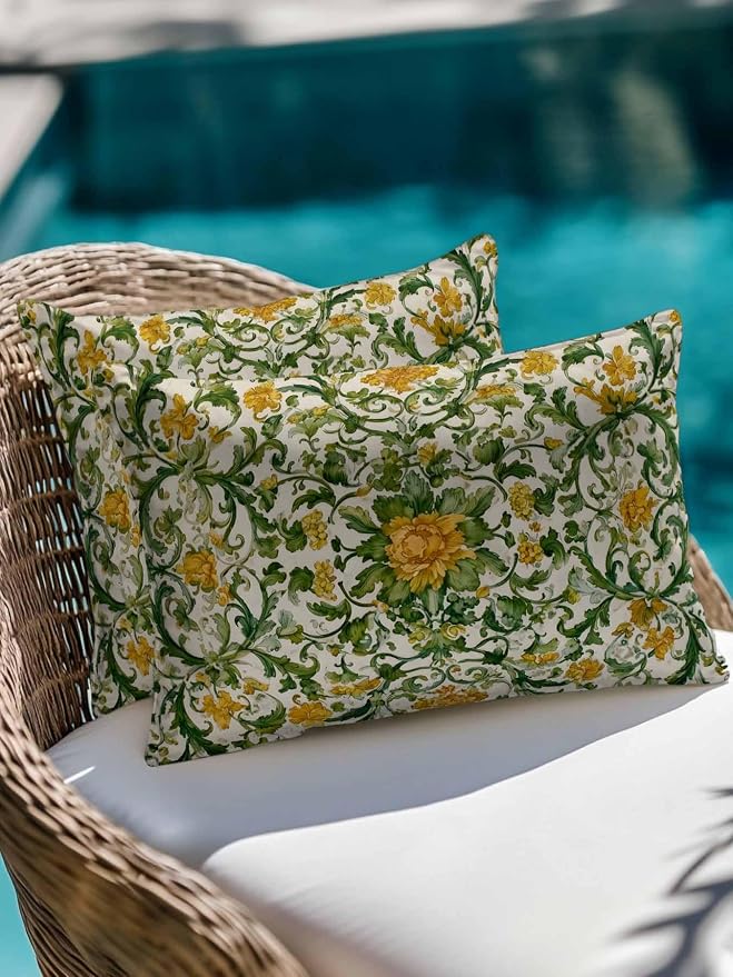 Outdoor Pillows with Inserts Set of 2 12x20, Yellow Green Boho Waterproof Outdoor/Indoor Throw Pillows, Classic Floral Farmhouse Botanical Decorative Pillow for Bed Couch Sofa Patio Furniture