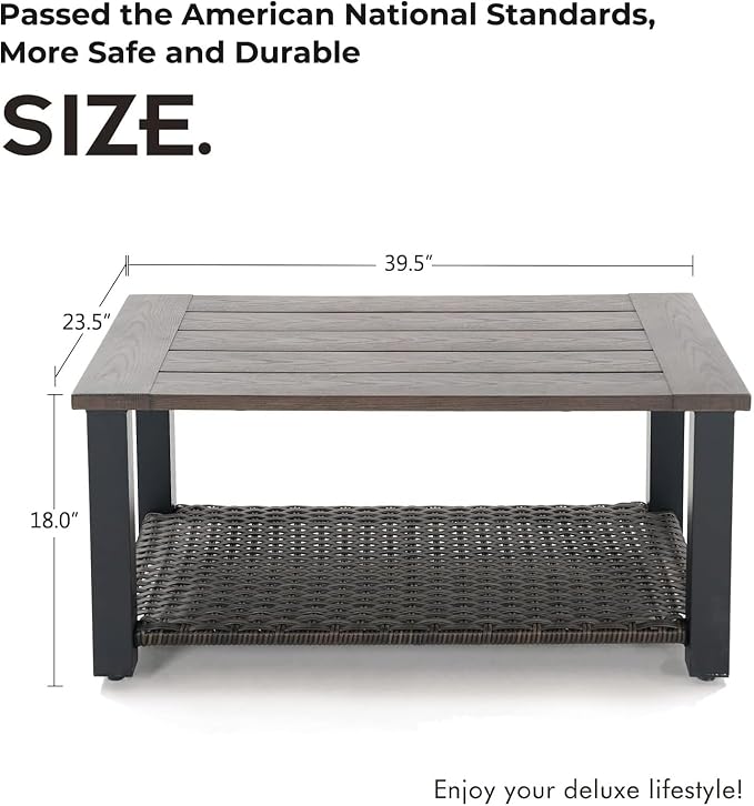 Grand patio Outdoor Coffee Table with Wicker Shelf Storage, 40-inch Rectangle Modern Patio Coffee Table with Faux Wood Tabletop, Fits with Outdoor Conversation Set