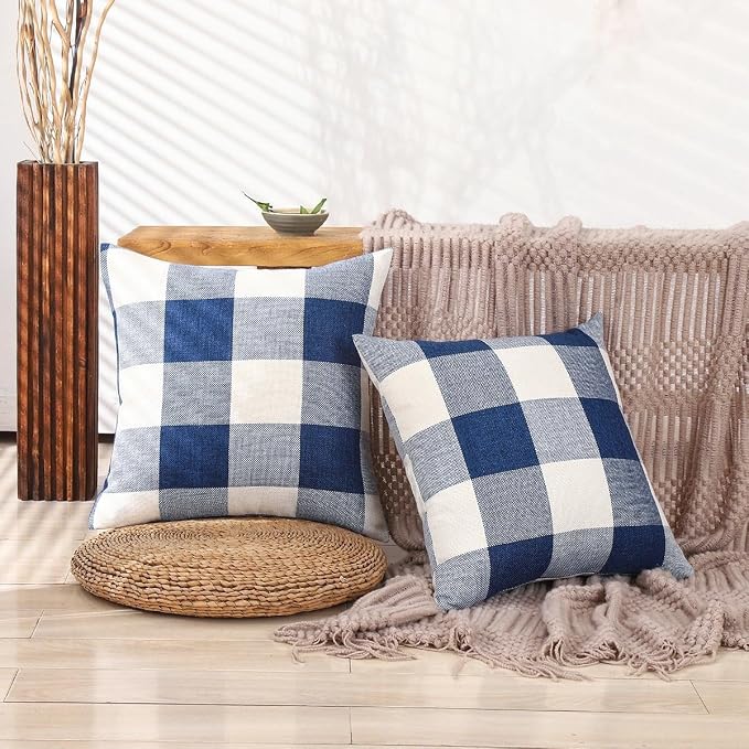 CARRIE HOME Navy Blue and White 20x20 Outdoor Throw Pillow Covers Set of 2 Buffalo Plaid Farmhouse Pillow Covers 20 x 20 Inches, Boho Plaid Decor for Outdoor Patio and Yard