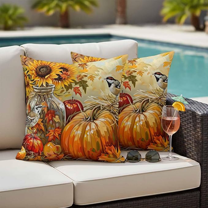 Fall Pumpkins Outdoor Pillow Covers 24x24 Inch Throw Pillow Covers Set of 2 Waterproof Decorative Pillow Cases Sunflowers Birds Thanksgiving Oil Painting Cushion Covers for Patio Furniture Garden