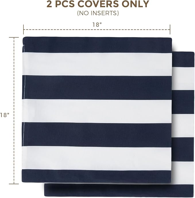 Throw Pillow Covers Set of 2, Outdoor Indoor Waterproof Decorative Patio Throw Pillowcase Shell 18x18 Inch, Square Cushion Case for Couch Sofa Garden Farmhouse Decoration-Navy White Stripe