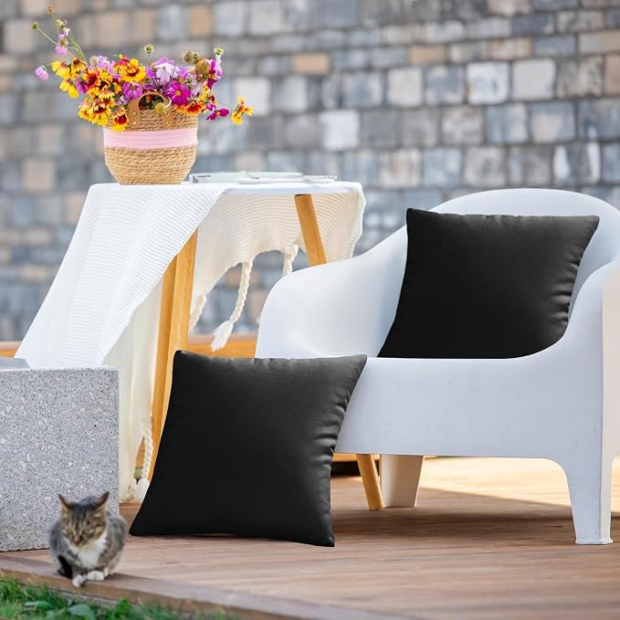VAKADO Outdoor Waterproof Throw Pillow Covers 16X16 Set of 2 Decorative Black Patio Furniture Cushion Cases Outside Decor for Couch Garden Bench Porch